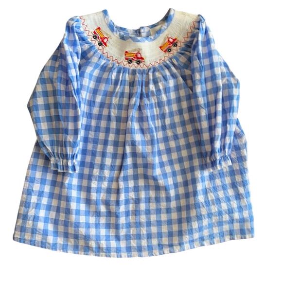 MARIE NICOLE | Smocked Fire Truck Embroidered Blue & White Gingham Dress Size 2T - Picture 3 of 8